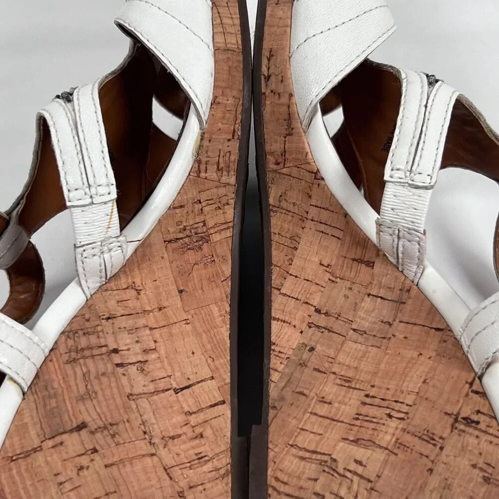 Clarks Bendables White Leather Sandals Wedge Cork‎ Heel Open Toe Womens 9